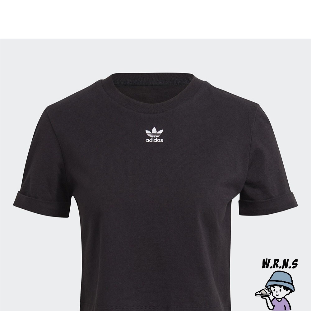 Adidas 女裝 短袖上衣 短版 反折袖口 小Logo 棉 黑GN2802-細節圖2