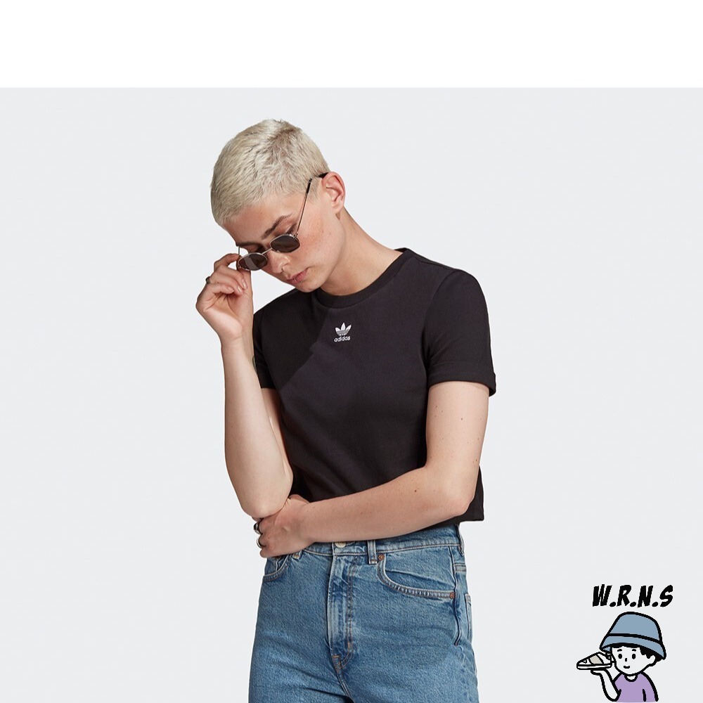 Adidas 女裝 短袖上衣 短版 反折袖口 小Logo 棉 黑GN2802-細節圖3
