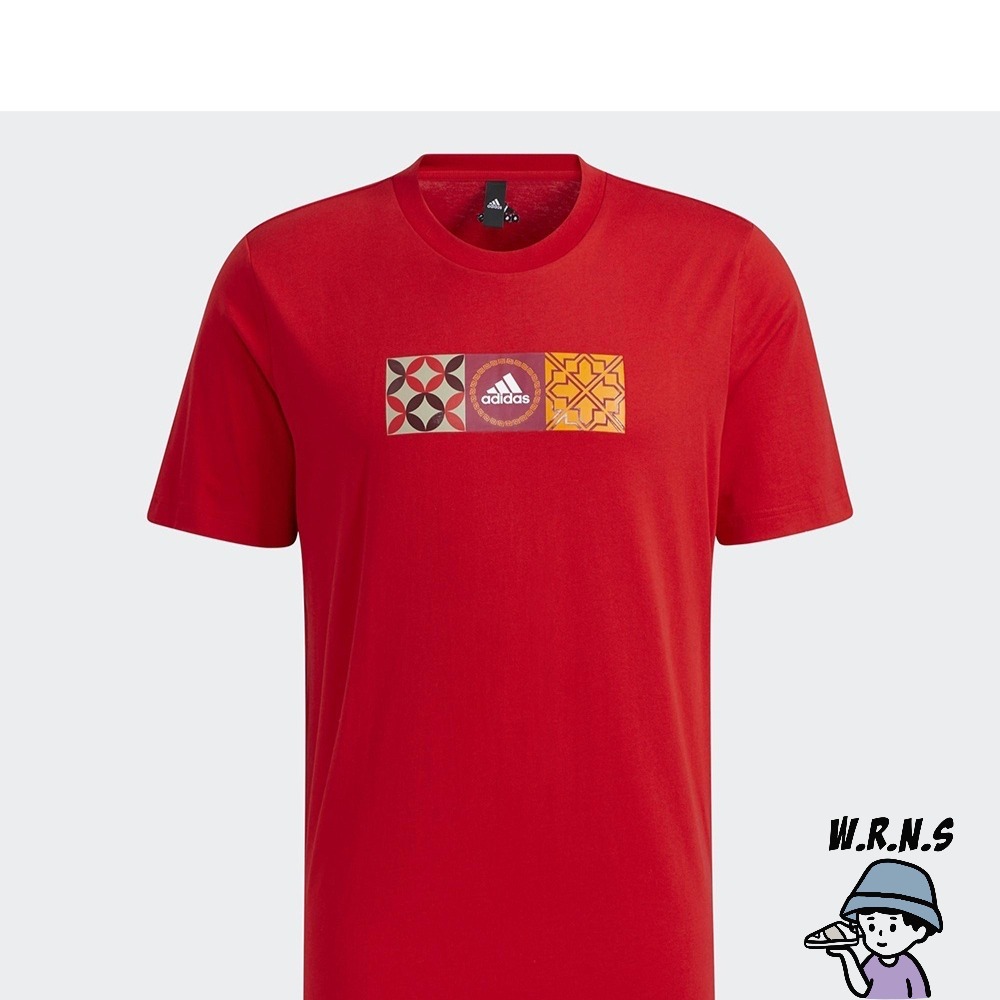 Adidas 男裝 短袖上衣 T恤 CNY 農曆新年 花磚印花 純棉 紅HI3292-細節圖2