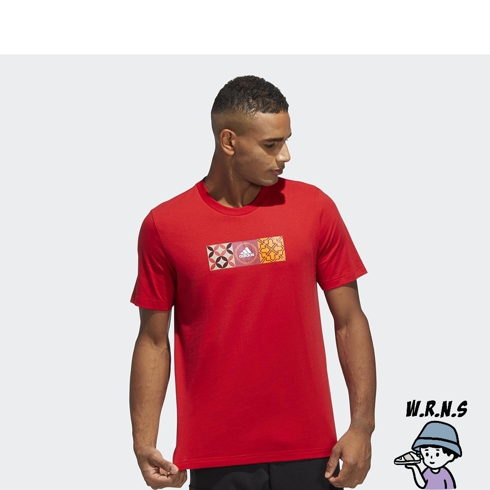 Adidas 男裝 短袖上衣 T恤 CNY 農曆新年 花磚印花 純棉 紅HI3292-細節圖3