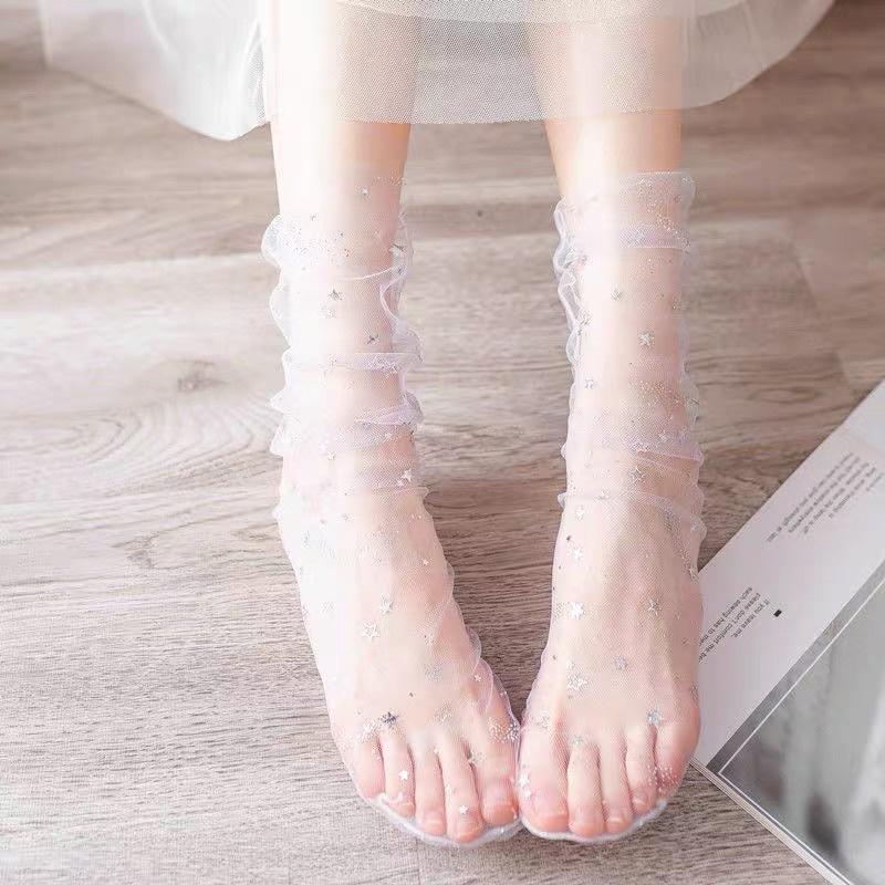 [現貨]日系小星星透明網紗中筒襪 女童公主長襪 透氣堆堆襪-細節圖2