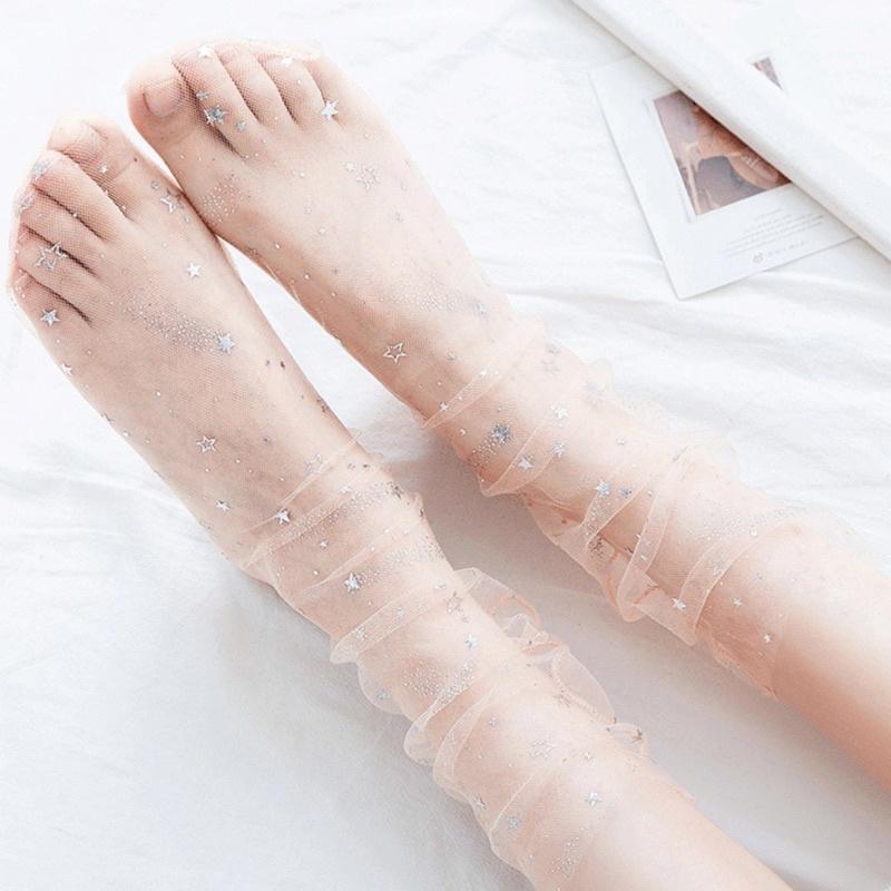 [現貨]日系小星星透明網紗中筒襪 女童公主長襪 透氣堆堆襪-細節圖3