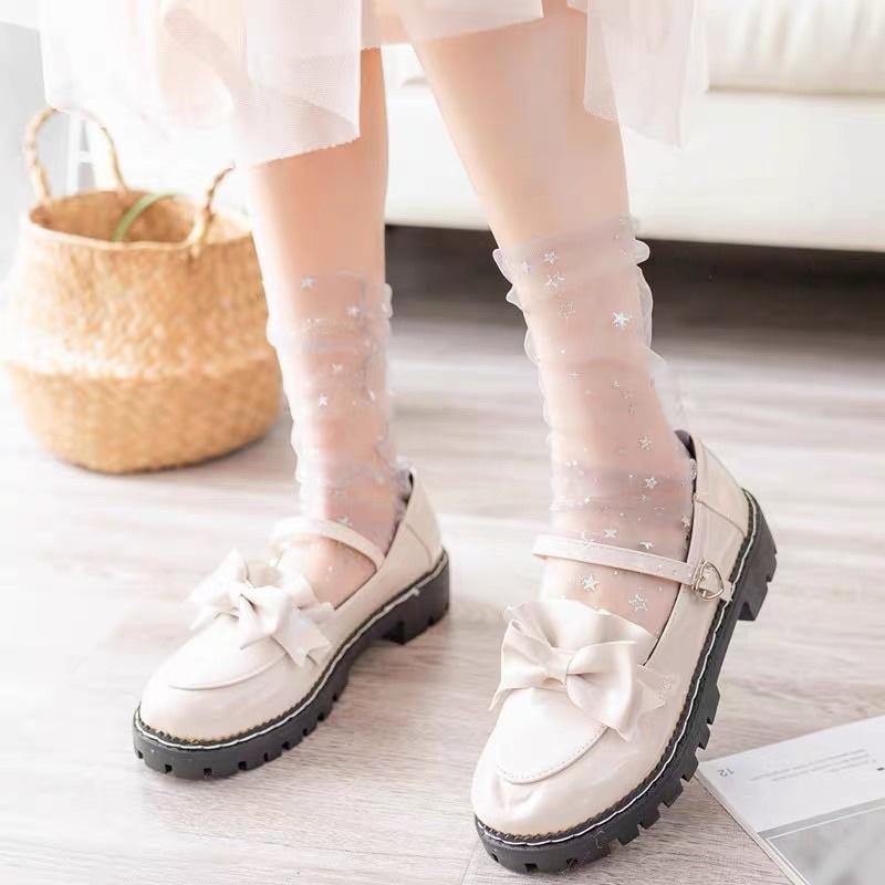 [現貨]日系小星星透明網紗中筒襪 女童公主長襪 透氣堆堆襪-細節圖4