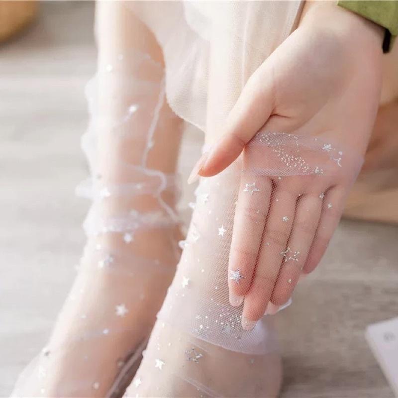 [現貨]日系小星星透明網紗中筒襪 女童公主長襪 透氣堆堆襪-細節圖5