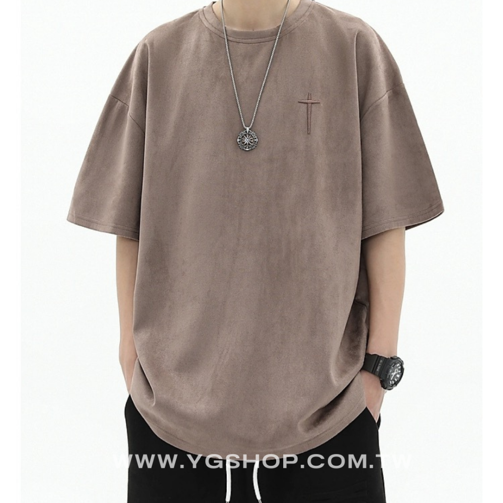 【YG STUDIO】法式 麂皮 高級感 刺繡 短袖 T恤 短T 上衣 寬鬆 似 essential 街頭 復古 嘻哈-細節圖2