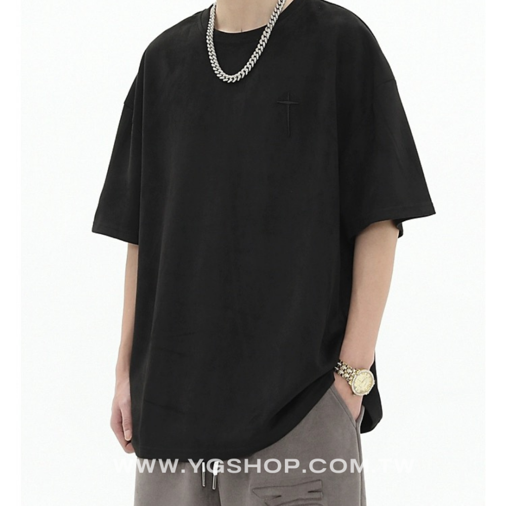 【YG STUDIO】法式 麂皮 高級感 刺繡 短袖 T恤 短T 上衣 寬鬆 似 essential 街頭 復古 嘻哈-細節圖3