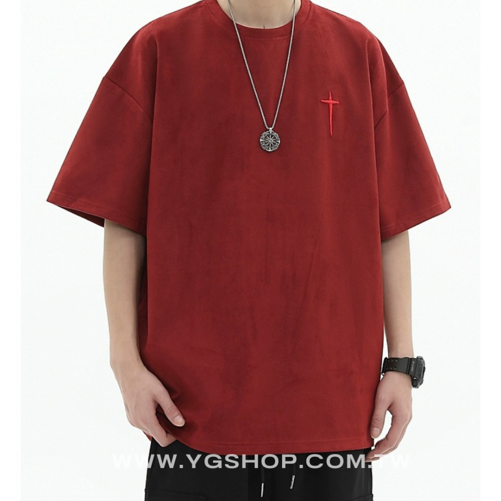 【YG STUDIO】法式 麂皮 高級感 刺繡 短袖 T恤 短T 上衣 寬鬆 似 essential 街頭 復古 嘻哈-細節圖6