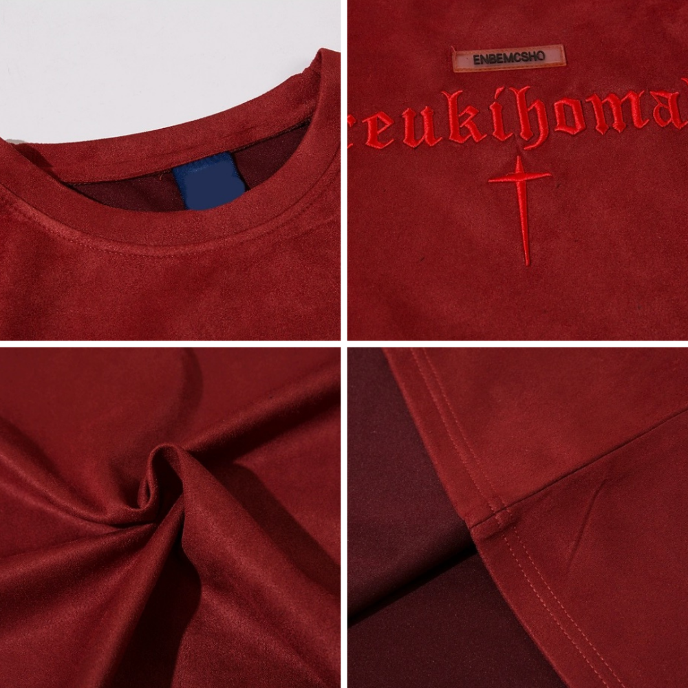 【YG STUDIO】法式 麂皮 高級感 刺繡 短袖 T恤 短T 上衣 寬鬆 似 essential 街頭 復古 嘻哈-細節圖7