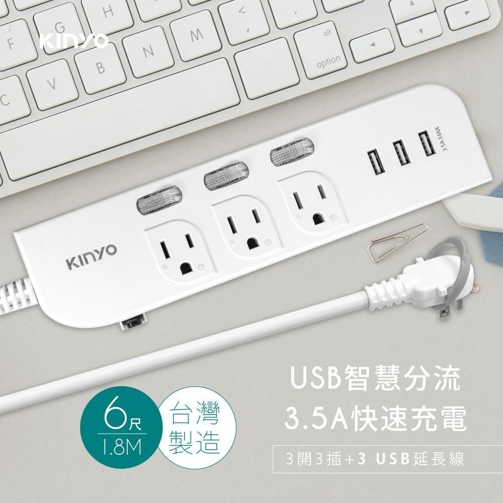 【KINYO2】3開3插三USB延長線 (CGU) 6呎/9呎 USB充電 防雷突波 防火耐燃  過載防護-細節圖2