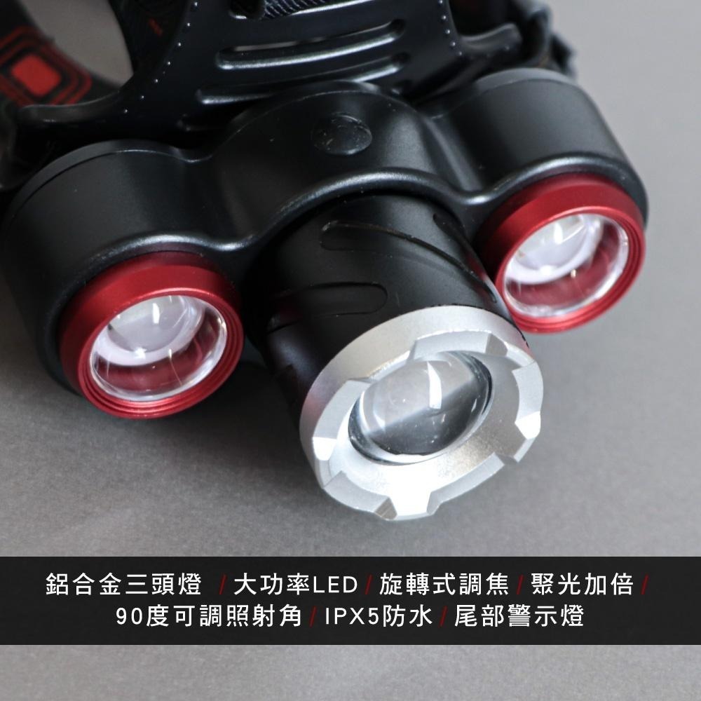【KINYO】USB充電式三頭變焦頭燈 (LED)充電式 三頭燈 T6+ XPE 照射500Ｍ | 登山 探照燈-細節圖3