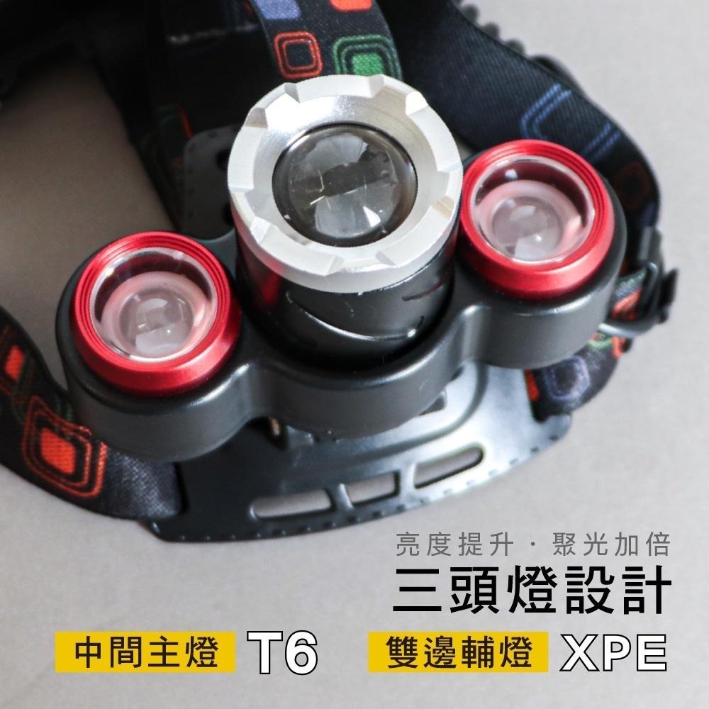 【KINYO】USB充電式三頭變焦頭燈 (LED)充電式 三頭燈 T6+ XPE 照射500Ｍ | 登山 探照燈-細節圖7