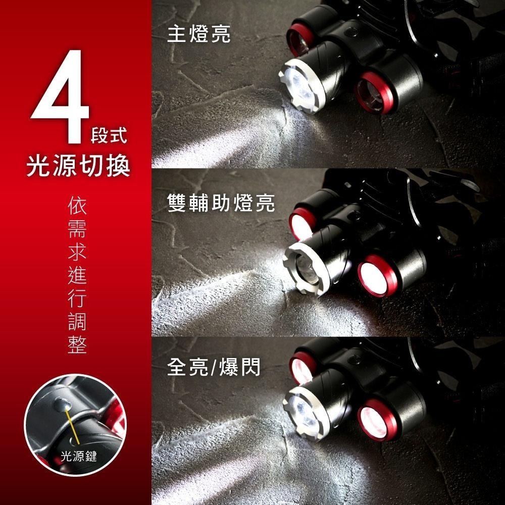 【KINYO】USB充電式三頭變焦頭燈 (LED)充電式 三頭燈 T6+ XPE 照射500Ｍ | 登山 探照燈-細節圖8