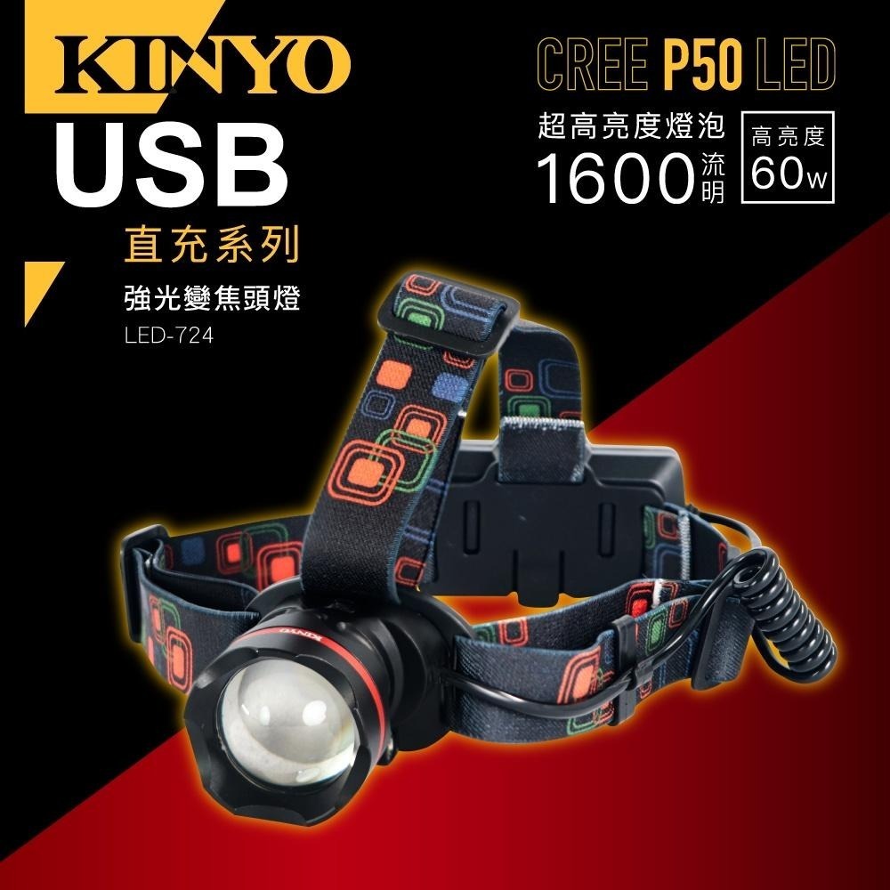 【KINYO】P50強光變焦頭燈 (LED) 充電式 三段光源 IPX5防水 照射1000M | 露營 登山-細節圖2
