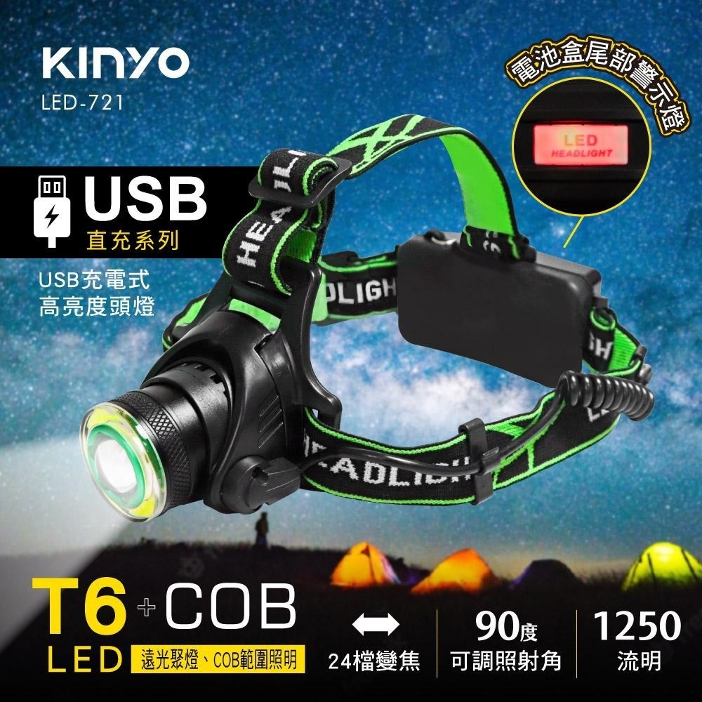 【KINYO】USB充電式高亮度頭燈 (LED) 充電式 T6 四段光源 IPX5防水 | 登山 探照燈-細節圖2