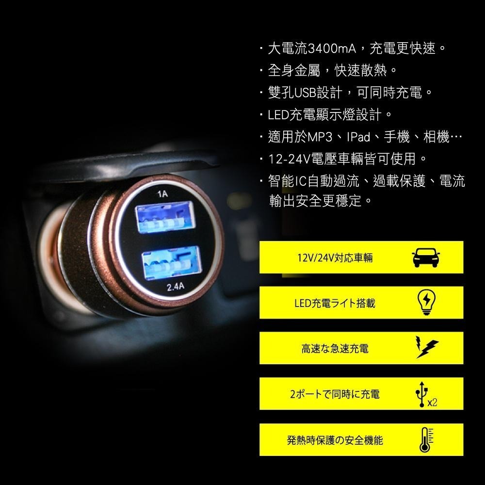 【KINYO】鋁合金USB車用充電器 (CU)雙孔USB 車窗擊破器  LED充電顯示燈 充電頭-細節圖3