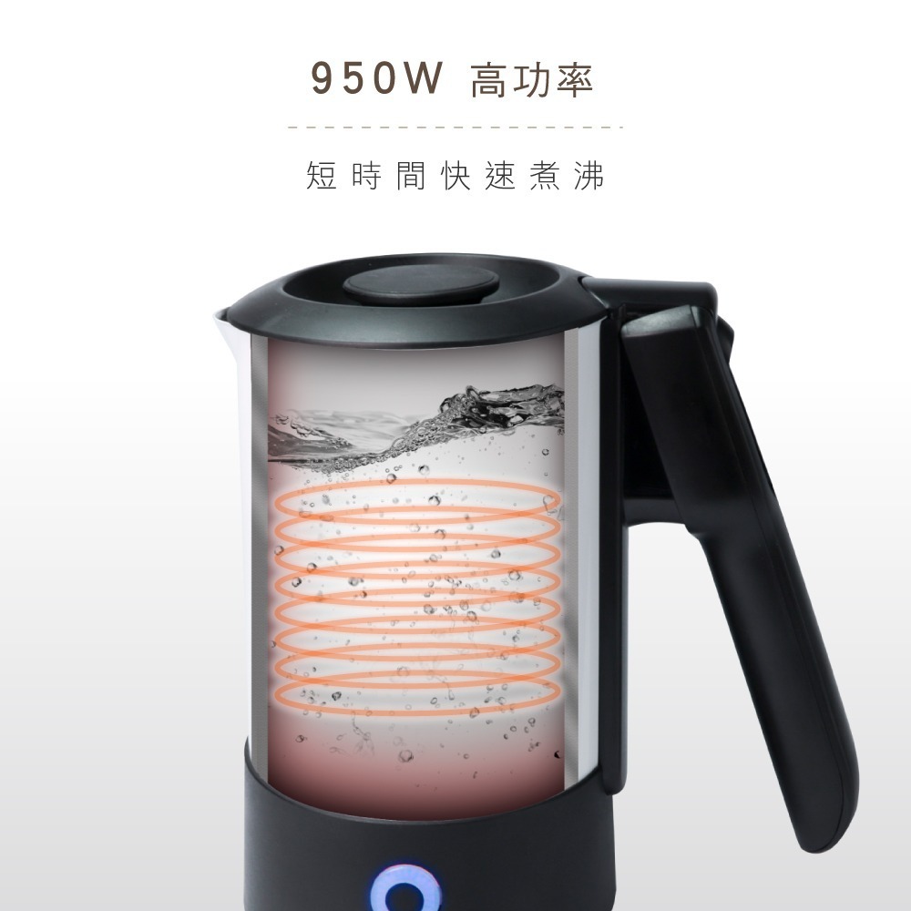 【KINYO】雙電壓分離式底座旅行快煮壼0.6L (SU) 防燙把手 950W高功率 大口徑壺口 自動斷電 防乾燒-細節圖7