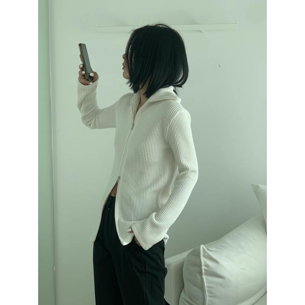 3colors 溫柔針織 雙鏈頭長版翻領上衣-細節圖8