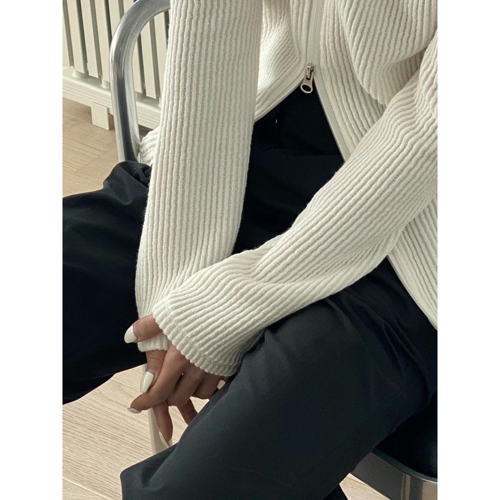 3colors 溫柔針織 雙鏈頭長版翻領上衣-細節圖9