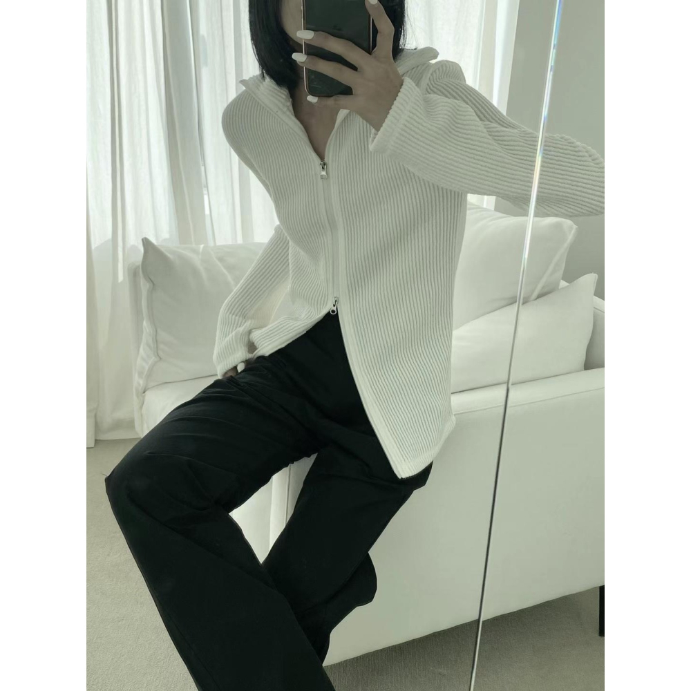 3colors 溫柔針織 雙鏈頭長版翻領上衣-細節圖10