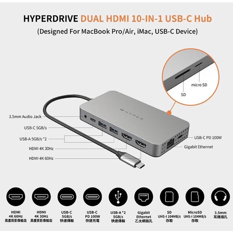 【公司現貨】HyperDrive 10-in-1 Dual HDMI USB-C Hub M1/M2雙螢幕輸出-細節圖3