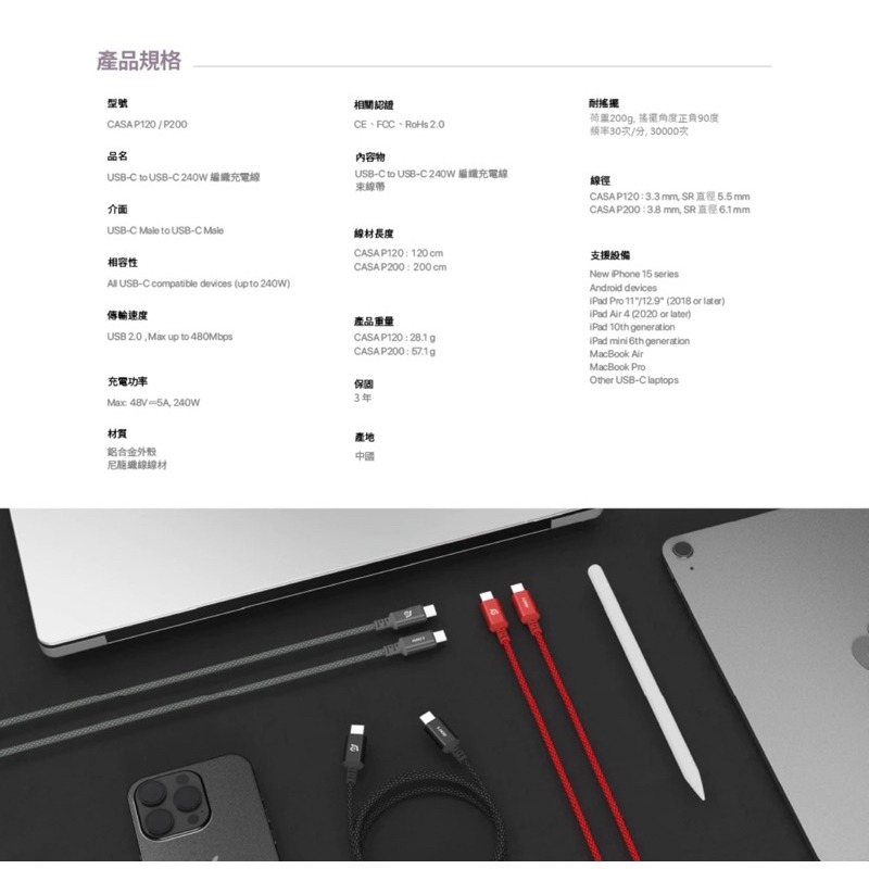 【公司現貨】亞果元素 CASA 240W USB-C 對 USB-C  編織充電傳輸線 P120/P200-細節圖6