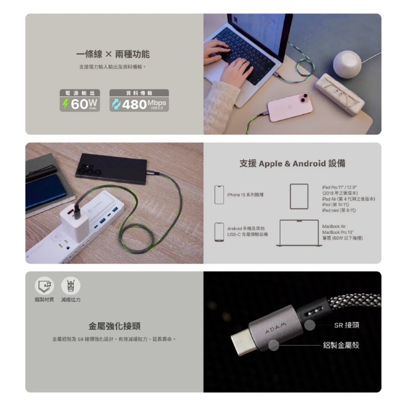 【3C博士】ADAM 亞果元素 CASA MS100  USB-C 對USB-C 60W 磁吸充電線 充電線 傳輸線-細節圖5