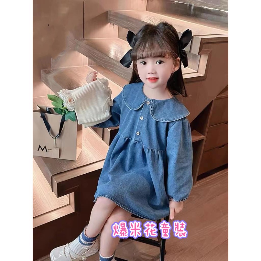 3釦寬領牛仔洋裝 現貨 女童洋裝 長袖 爆米花童裝-細節圖4
