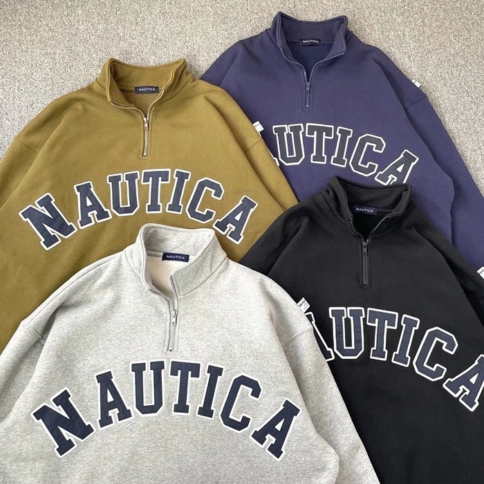 ❤️星光衫悅❤️NAUTICA 長谷川立體貼布刺繡字母大LOGO 超級重磅寬鬆大版型 復古立領套頭純棉半拉鍊衣a22-細節圖11