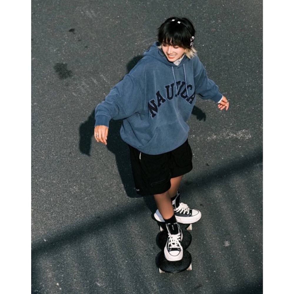 ❤️星光衫悅❤️Nautica長谷川 大刺繡字母Logo廓形寬鬆版型水洗純棉毛圈長袖套頭帽衫水洗卡其經典必入款a24-細節圖6