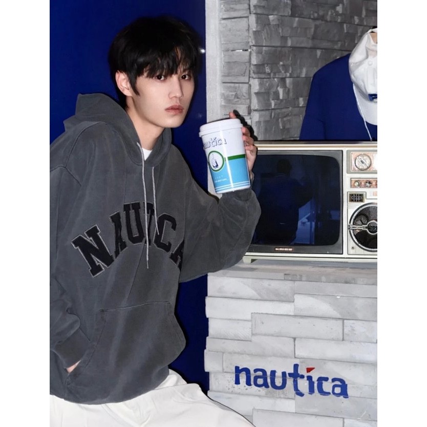 ❤️星光衫悅❤️Nautica長谷川 大刺繡字母Logo廓形寬鬆版型水洗純棉毛圈長袖套頭帽衫水洗卡其經典必入款a24-細節圖8