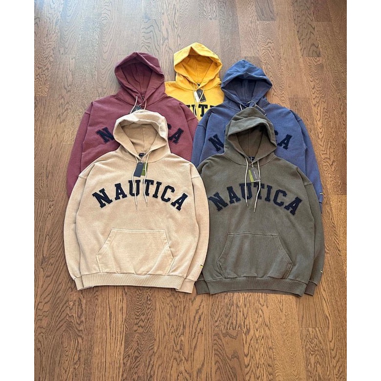 ❤️星光衫悅❤️Nautica長谷川 大刺繡字母Logo廓形寬鬆版型水洗純棉毛圈長袖套頭帽衫水洗卡其經典必入款a24-細節圖10