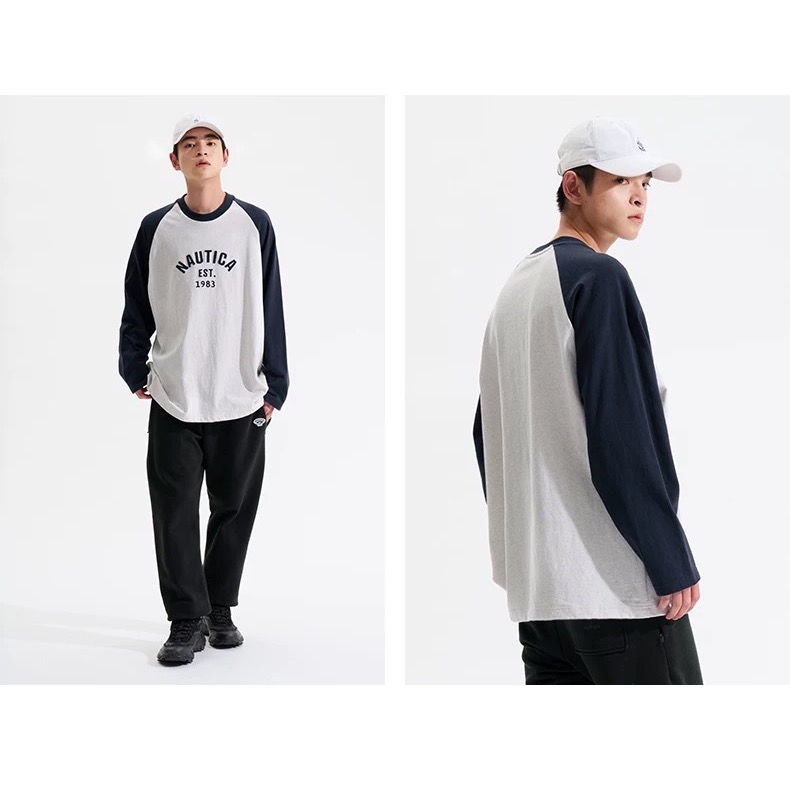 ❤️星光衫悅❤️NAUTICA 長谷川日系330g重磅拼色插肩袖情侶長袖T恤a47-細節圖2