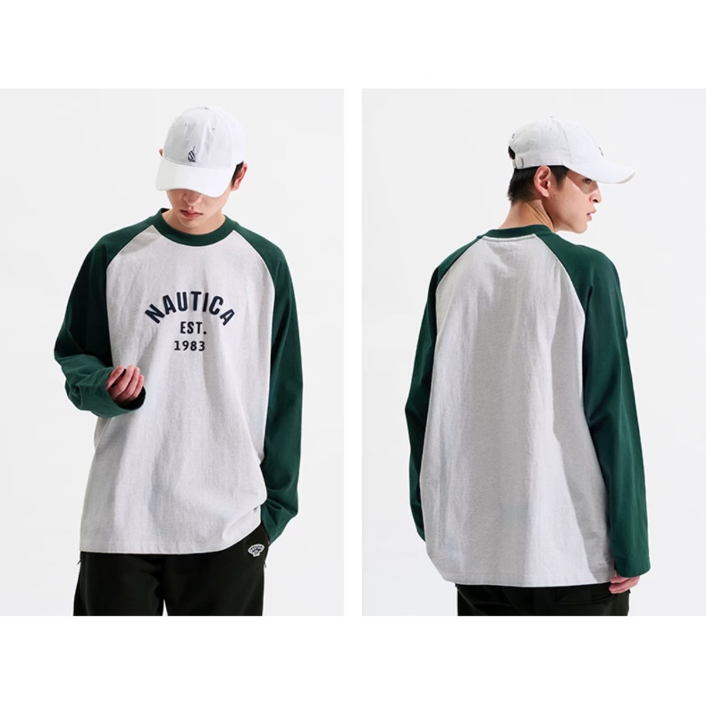 ❤️星光衫悅❤️NAUTICA 長谷川日系330g重磅拼色插肩袖情侶長袖T恤a47-細節圖3