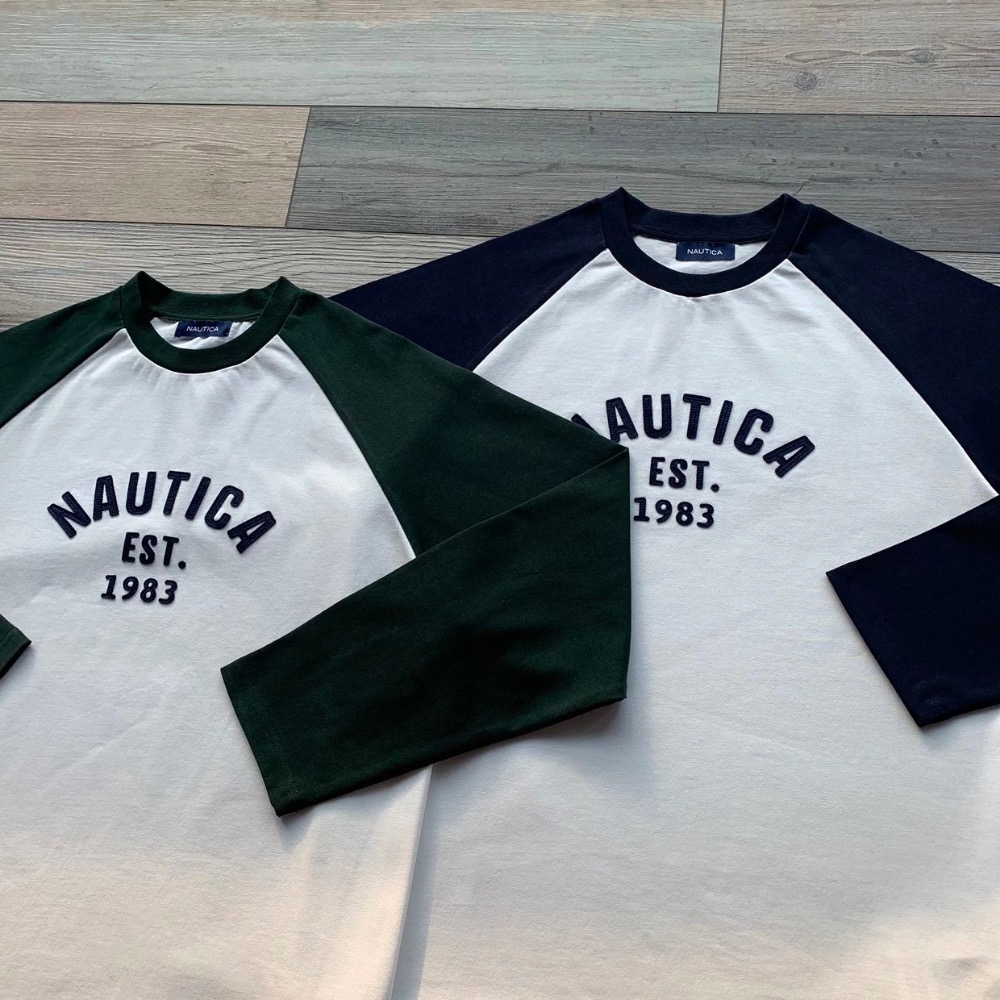 ❤️星光衫悅❤️NAUTICA 長谷川日系330g重磅拼色插肩袖情侶長袖T恤a47-細節圖5