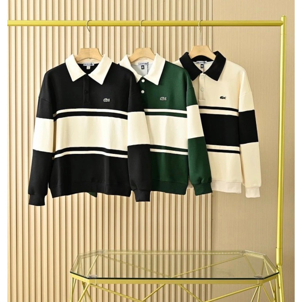❤️星光衫悅❤️LACOSTE 鱷魚秋季男士重磅復古拼色情侶條紋長袖POLO衫 胸前品牌logo簡約大方a98-細節圖2