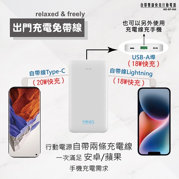 MIT臺灣製造 MINIQ 18W 自帶雙線快充行動電源 Lightning/TypeC 急速充電 移動電源 旅充 行充-細節圖5