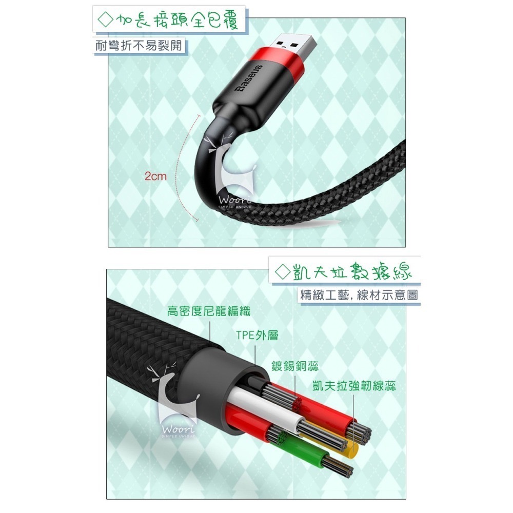 Baseus倍思 iPhone蘋果2.4A快充線 個性撞色 Lightning傳輸充電線 尼龍編織線 凱夫拉 贈收納貼-細節圖2