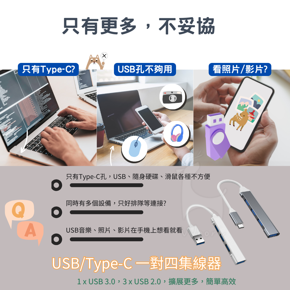 USB/Type-C 一對四 集線器 外接擴充 typec擴展器 USB Hub 多功能一對四電腦分線器 擴充埠-細節圖2