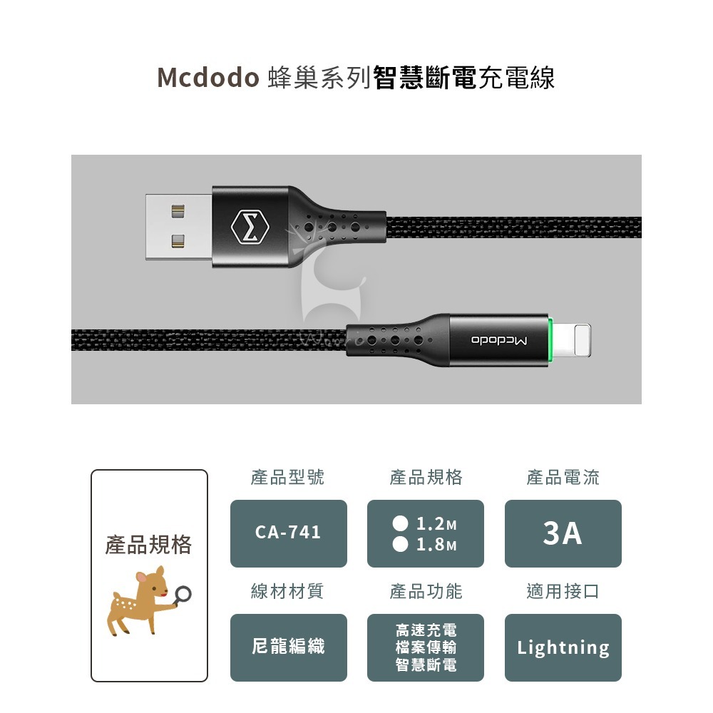 Mcdodo 麥多多 蜂巢系列 Lightning智能斷電快充線 定時補電 自動斷電 SR強化 3A快速充電傳輸線-細節圖10
