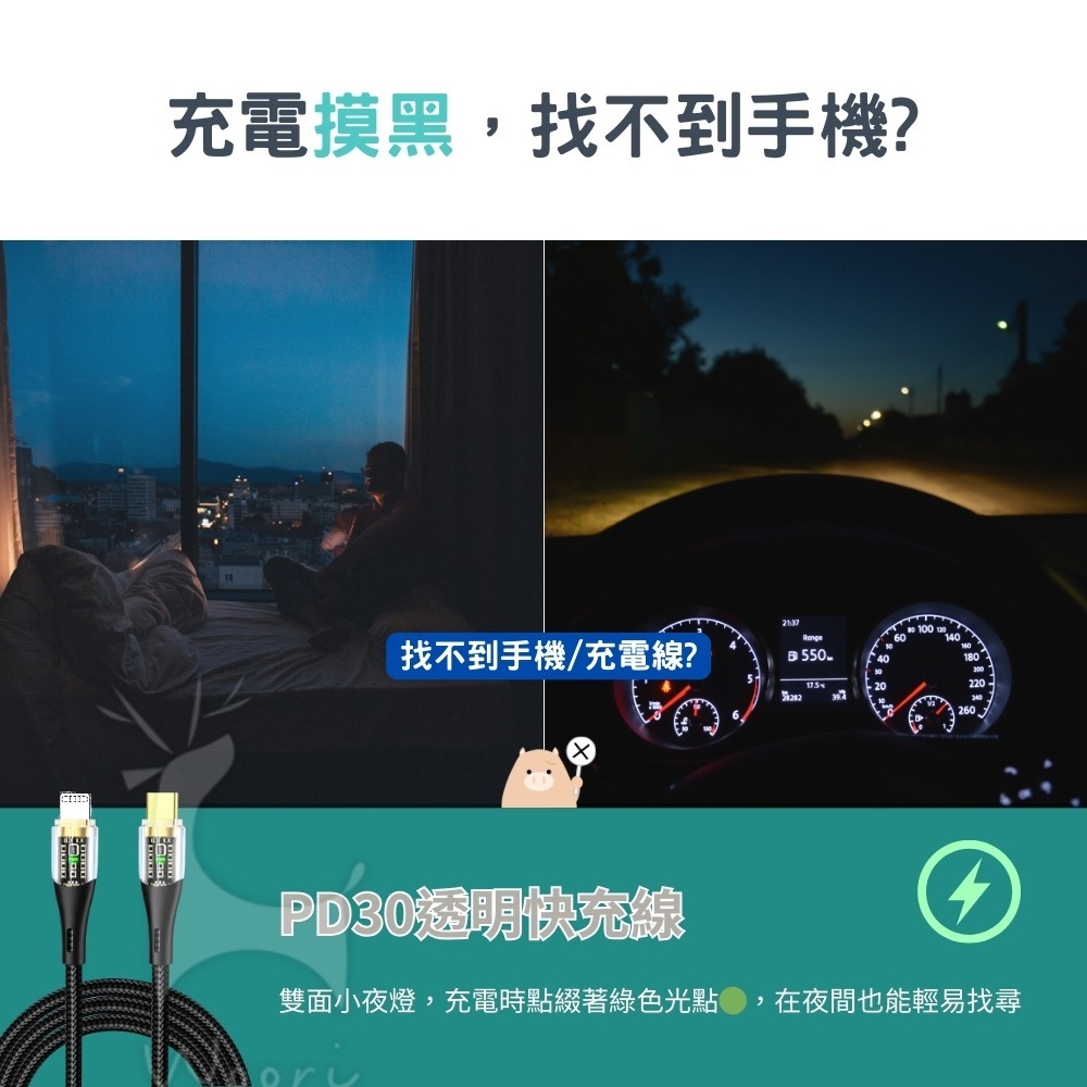 USB Type-C to Lightning線 PD30W 透明 LED指示燈快充線 兩米 抗拉 尼龍編織 蘋果充電-細節圖2