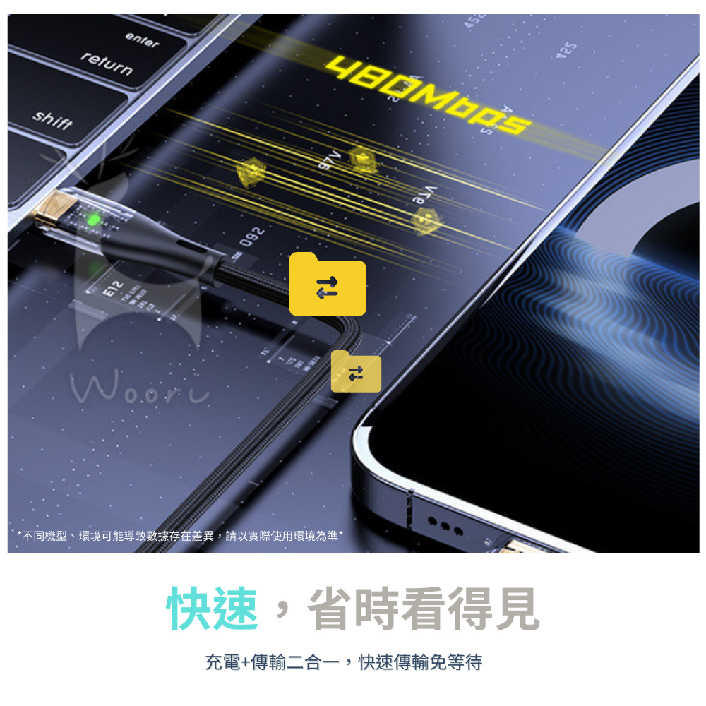 USB Type-C to Lightning線 PD30W 透明 LED指示燈快充線 兩米 抗拉 尼龍編織 蘋果充電-細節圖6