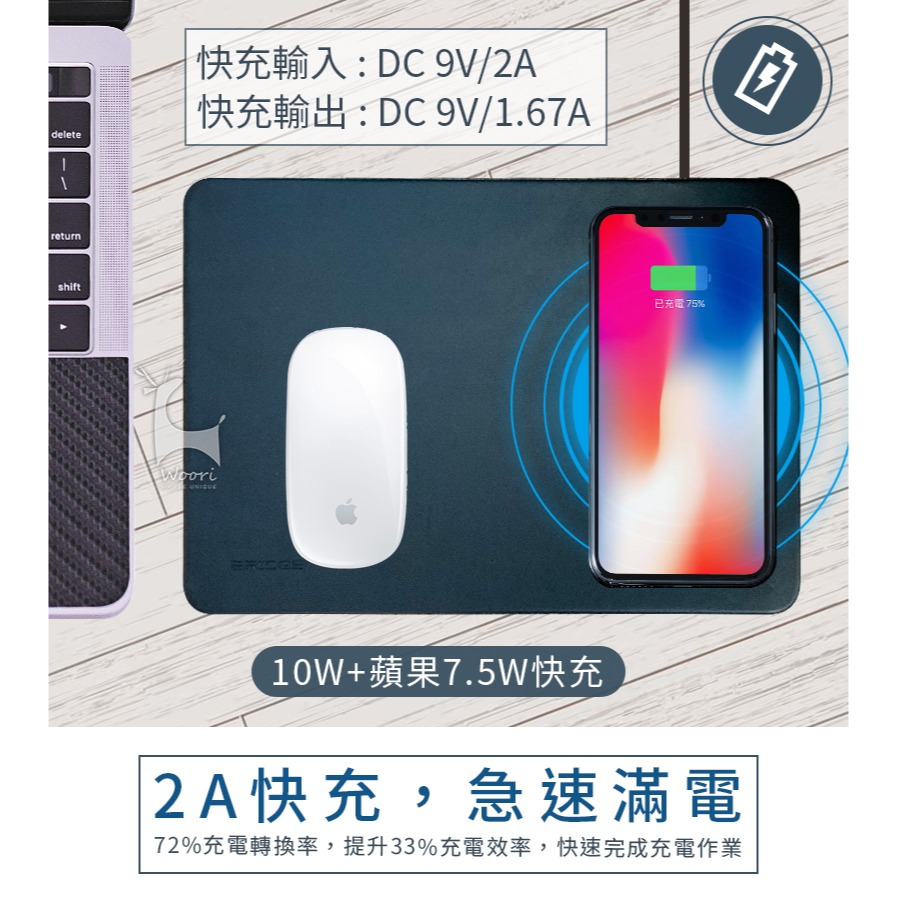 iBRIDGE 無線充電滑鼠墊 皮革無線充電滑鼠墊 智能無線充電板 iPhone無線充電器 Qi無線充電器 快充 滑鼠墊-細節圖2