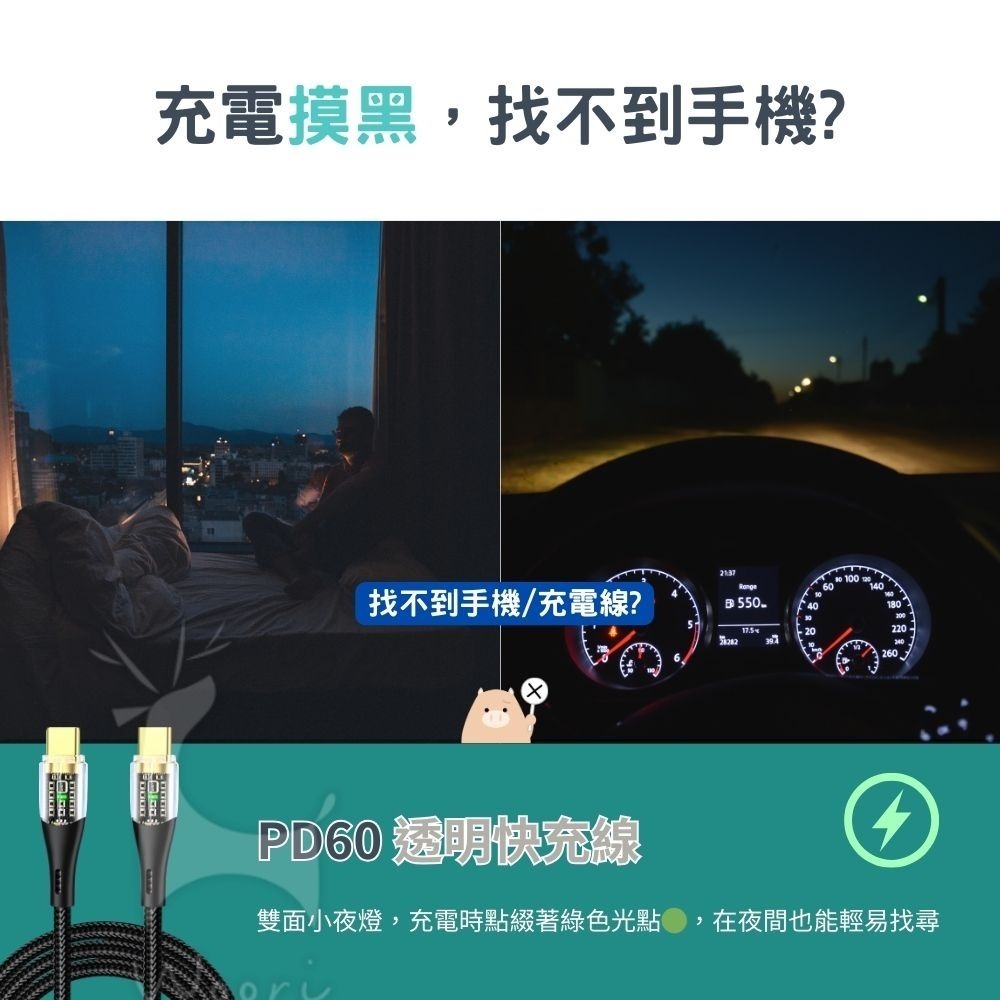 PD60W 透明快充線 Type-C to Type-C  尼龍編織 抗拉耐用 iPhone充電線 傳輸線 安卓充電線-細節圖2