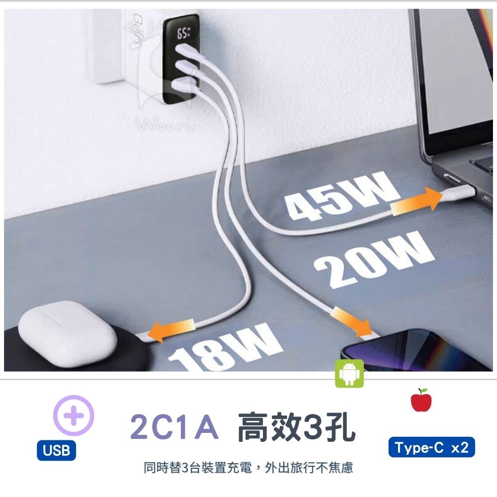PD 65W氮化鎵數字顯示充電器 三孔快充頭 2C1A 雙typec 快充頭 QC充電頭 氮化鎵 Gan 出國旅行必備-細節圖6