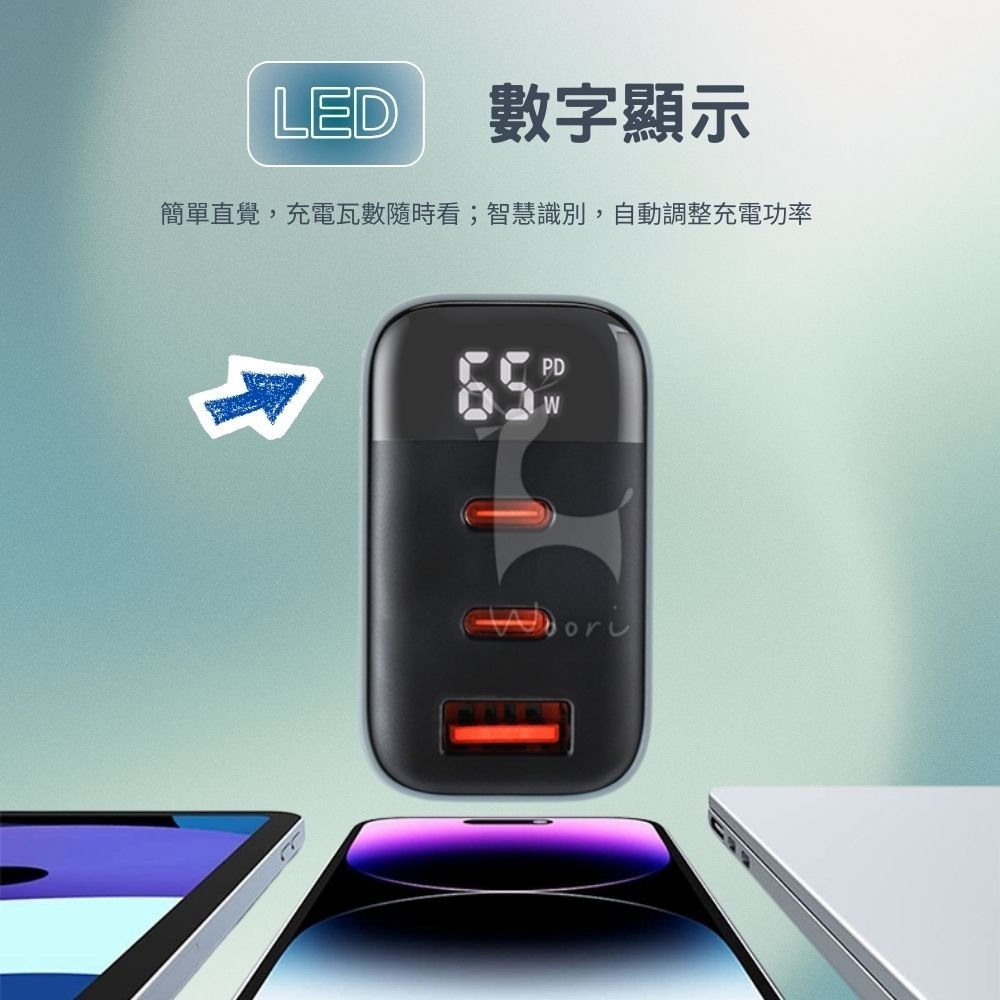 PD 65W氮化鎵數字顯示充電器 三孔快充頭 2C1A 雙typec 快充頭 QC充電頭 氮化鎵 Gan 出國旅行必備-細節圖4