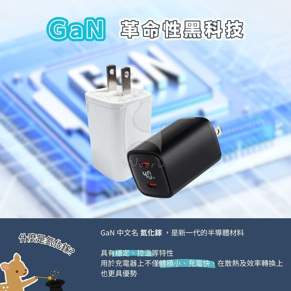 GaN氮化鎵 PD 40W數字顯示充電器 雙typec孔 QC快充頭  數顯 氮化鎵 雙孔快速充電器 USB-C豆腐頭-細節圖2
