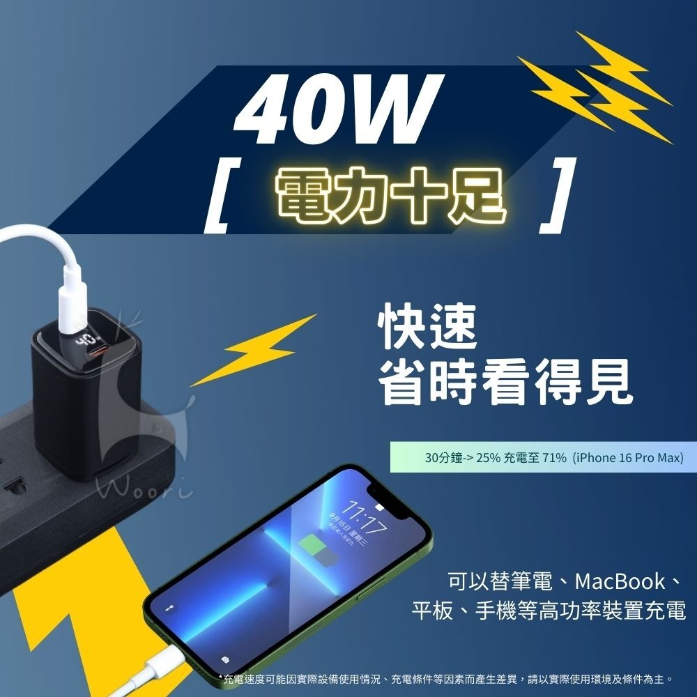 GaN氮化鎵 PD 40W數字顯示充電器 雙typec孔 QC快充頭  數顯 氮化鎵 雙孔快速充電器 USB-C豆腐頭-細節圖4