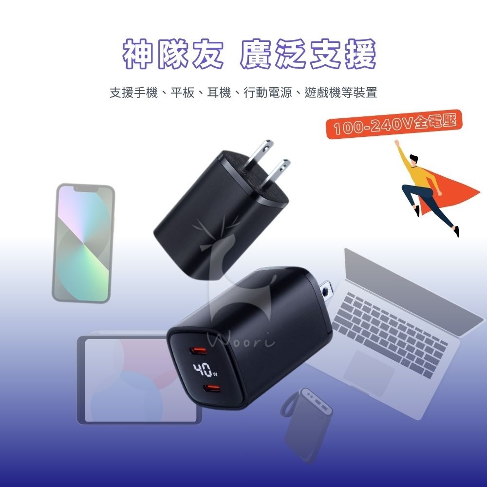 GaN氮化鎵 PD 40W數字顯示充電器 雙typec孔 QC快充頭  數顯 氮化鎵 雙孔快速充電器 USB-C豆腐頭-細節圖6