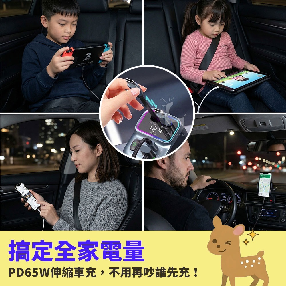 PD65W伸縮車充 點菸擴充 自帶雙TC線  多合一伸縮車用充電器 車用充電座  電壓顯示車充 PD快充 氣氛燈-細節圖2