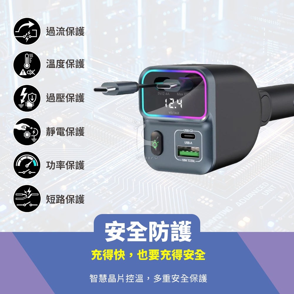 PD65W伸縮車充 點菸擴充 自帶雙TC線  多合一伸縮車用充電器 車用充電座  電壓顯示車充 PD快充 氣氛燈-細節圖7